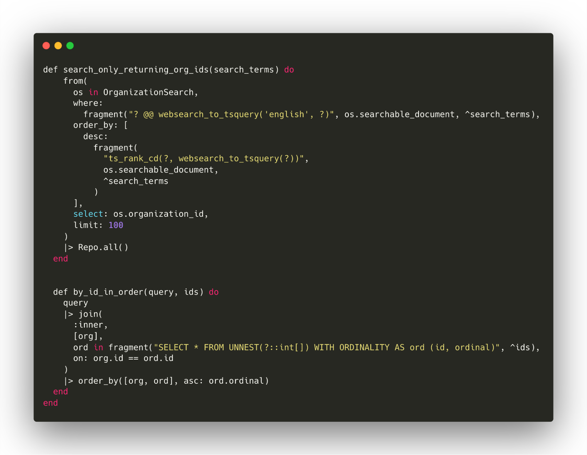 Ecto queries retrieving organization IDs first, then the organizations in order